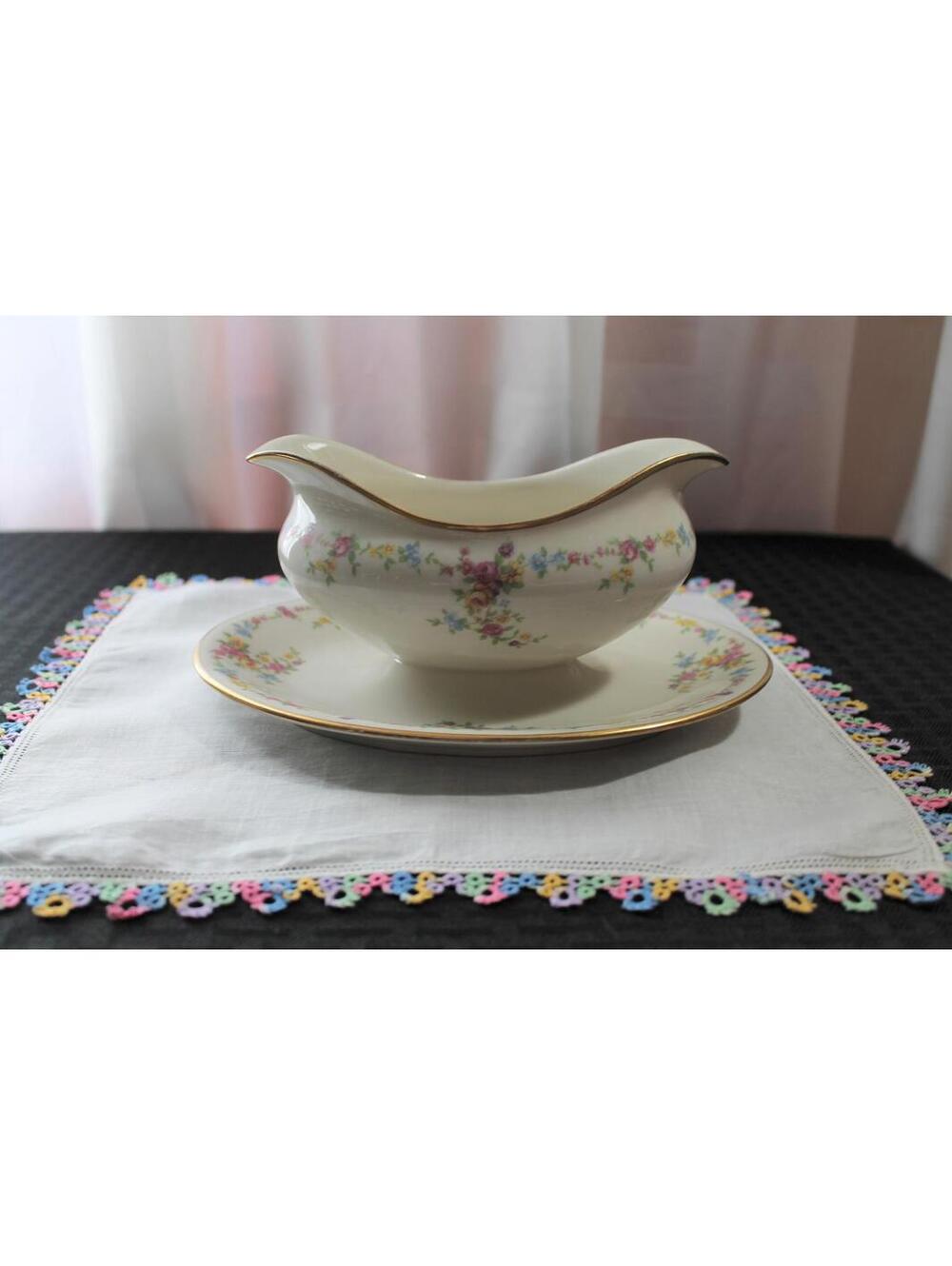 Vintage Lamberton Peggy Shippen Gravy Boat with Attached Saucer, Made in USA